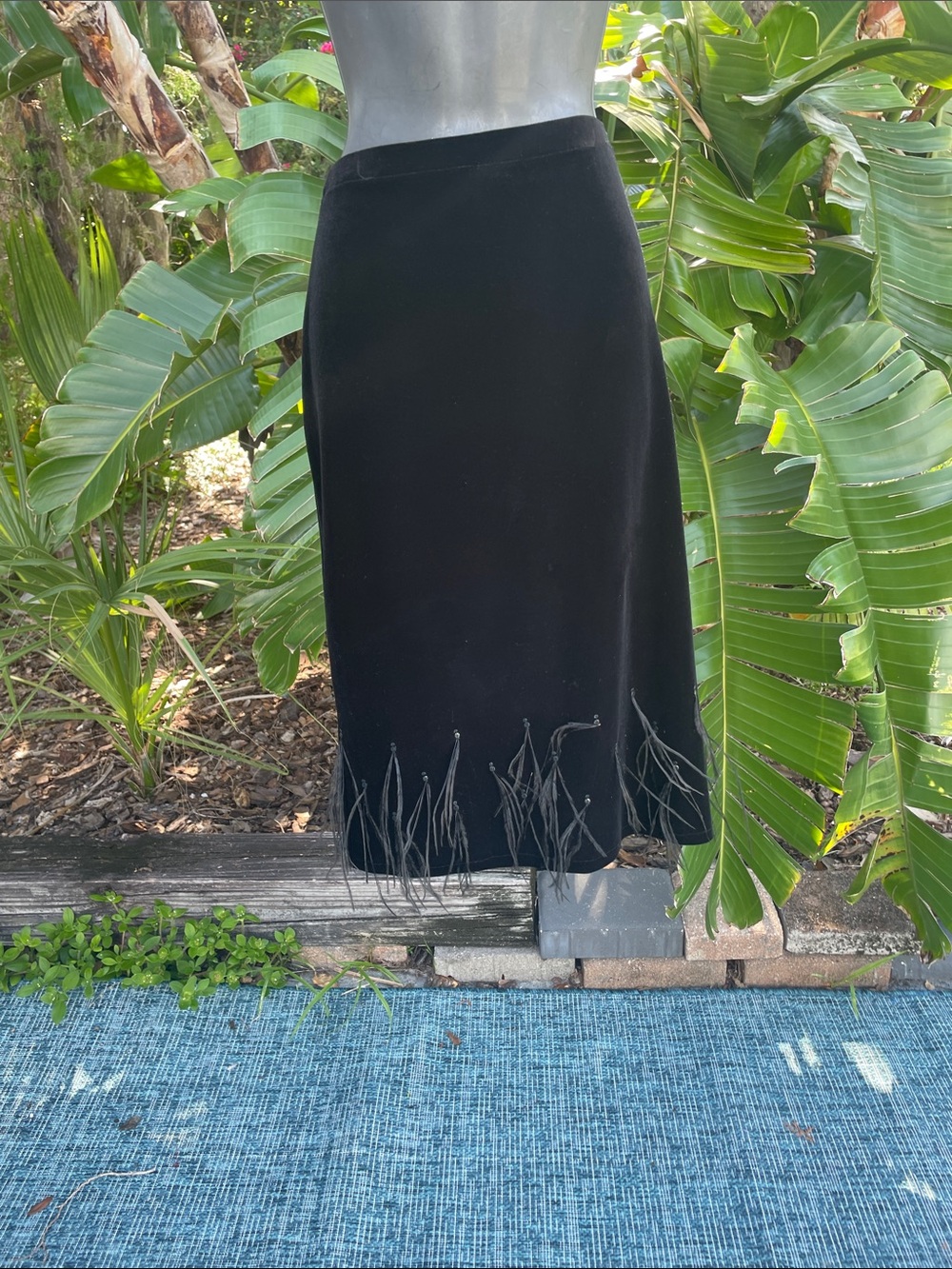 velvet pencil skirt with feather trim